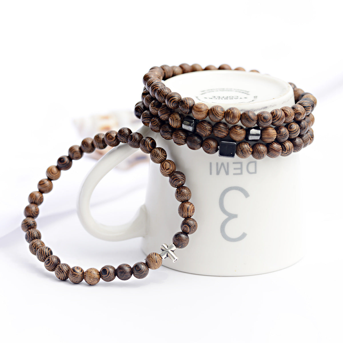 Bracelet Cross Wood Grain/ Pearl